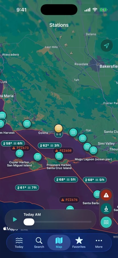 RipCat marine map animation: the Small Craft Advisory timeline stepping through the week — advisory zones painted across the Santa Barbara Channel, then clearing