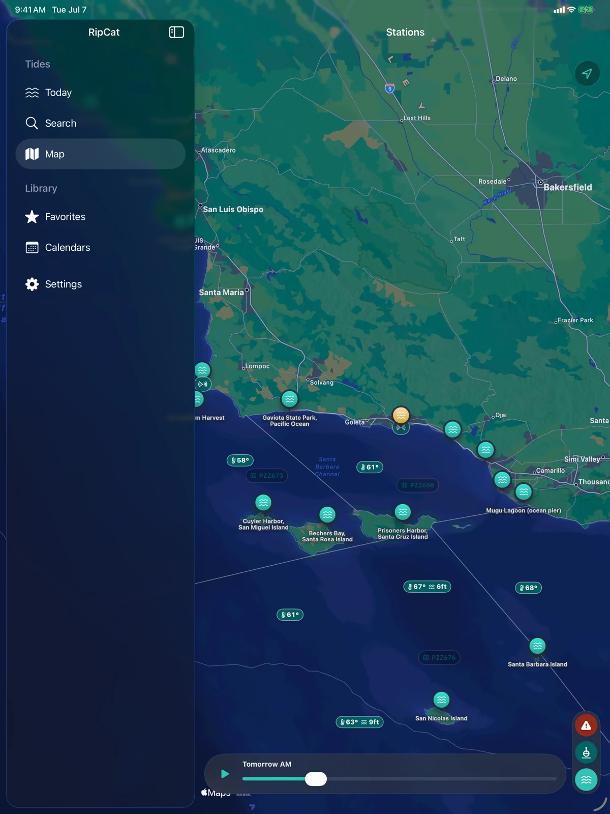 RipCat on iPad Pro: split-view with sidebar and the marine map showing buoy temperatures and advisory zones across the Santa Barbara Channel
