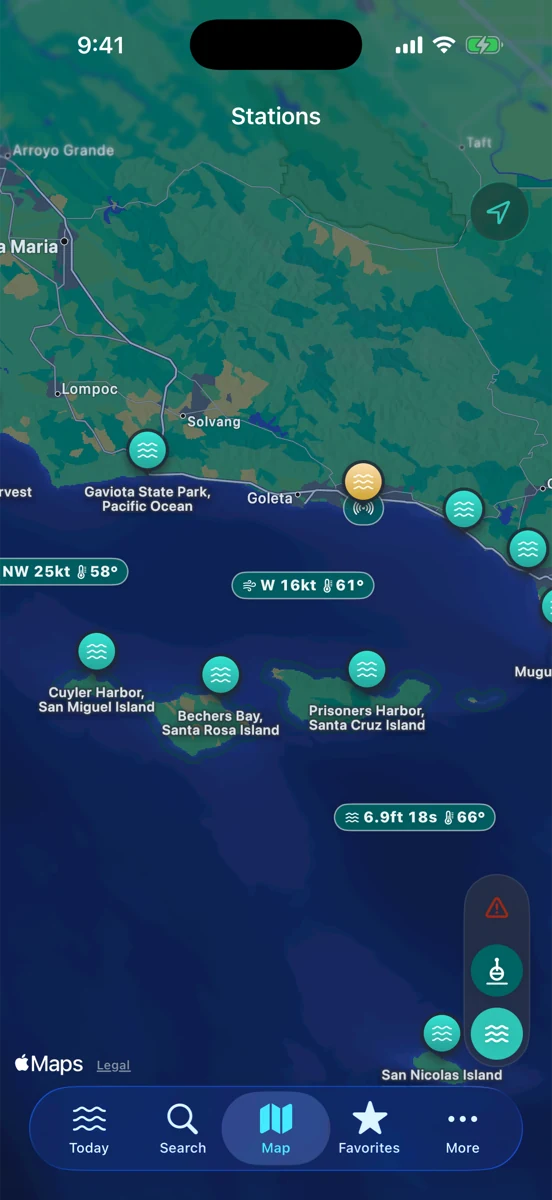 RipCat app map showing coastal tide station, buoy, and marine forecast context
