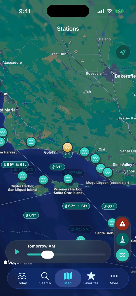 RipCat marine map with the Small Craft Advisory timeline scrubbed to Tomorrow AM, buoy water-temp chips and zone labels across the Santa Barbara Channel