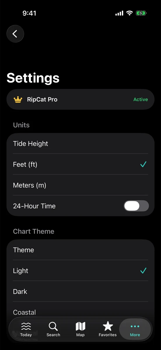 RipCat settings in dark mode: RipCat Pro active, tide height units, 24-hour time, chart theme picker