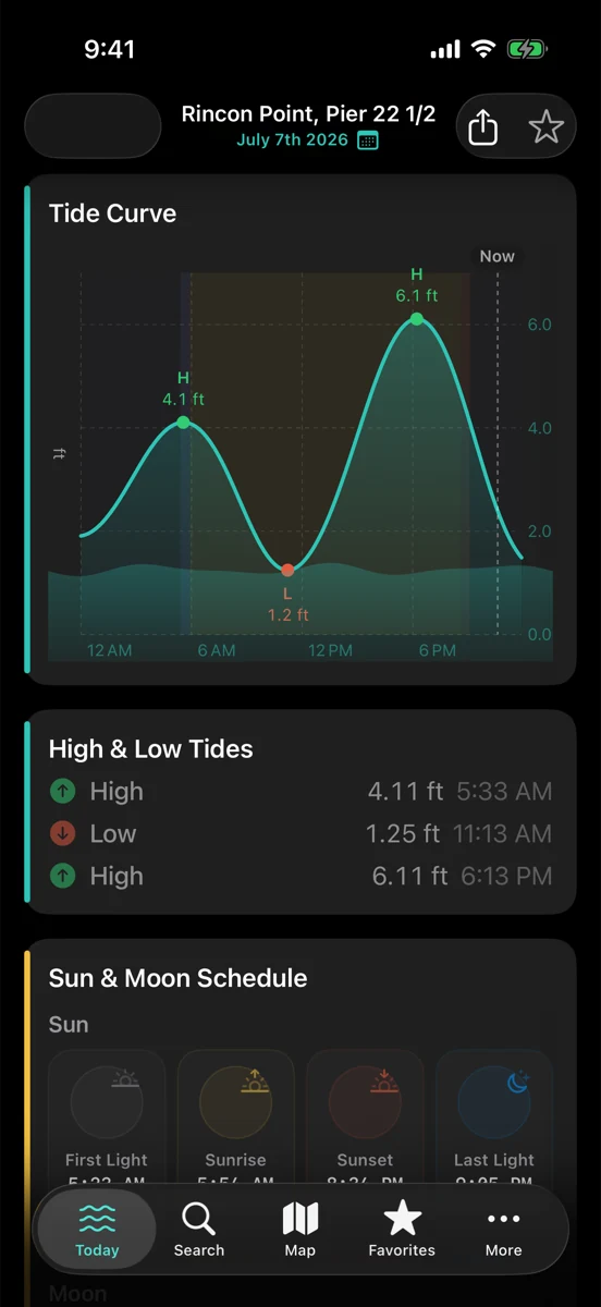 RipCat tide curve showing predicted water movement through the day