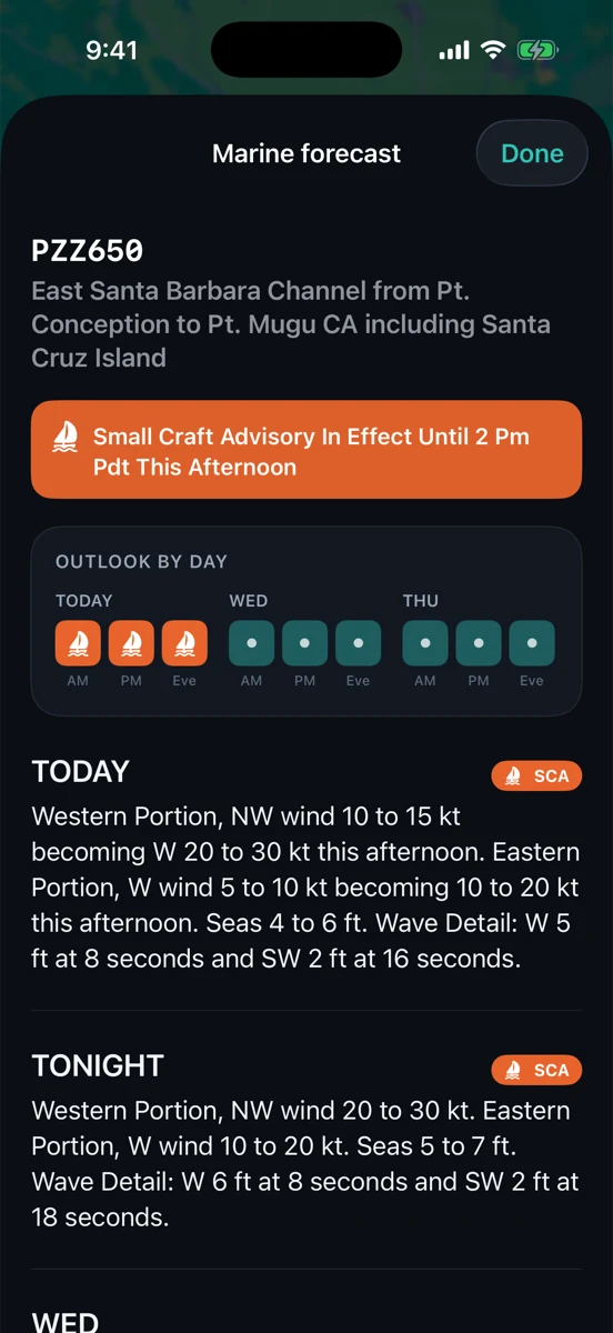 RipCat marine forecast for PZZ650, East Santa Barbara Channel: Small Craft Advisory banner, outlook-by-day strip, and daily forecast periods with winds and seas