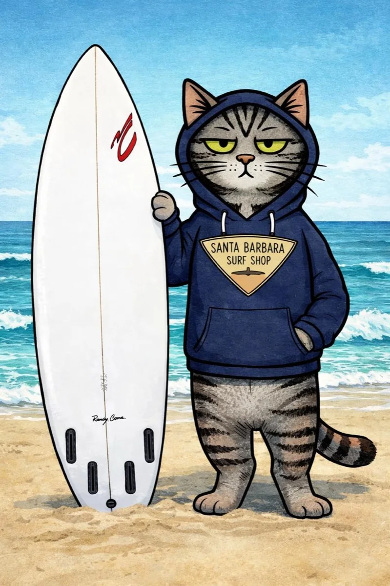 Rip, a grey tabby cat in a navy Santa Barbara Surf Shop hoodie, standing next to a Randy Cone surfboard on the beach